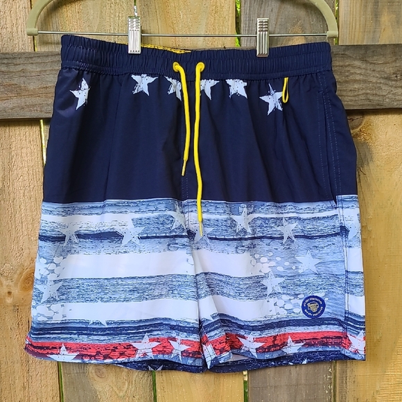 Navy and White‎ Star Swim Shorts with Yellow Drawstring - Picture 1 of 7